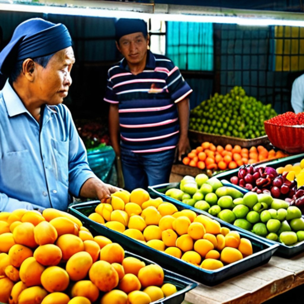 **
A variety of colorful 'jeruk' (pickled fruits and vegetables) displayed in glass jars on a wooden table at a Malaysian market. Mangoes, papayas, and other local produce are visible. Focus on vibrant colors and textures. Fully clothed vendors are in the background, attending to customers. Safe for work, appropriate content, fully clothed, professional food photography, natural lighting, perfect anatomy (if people are visible), correct proportions, modest background.
**
