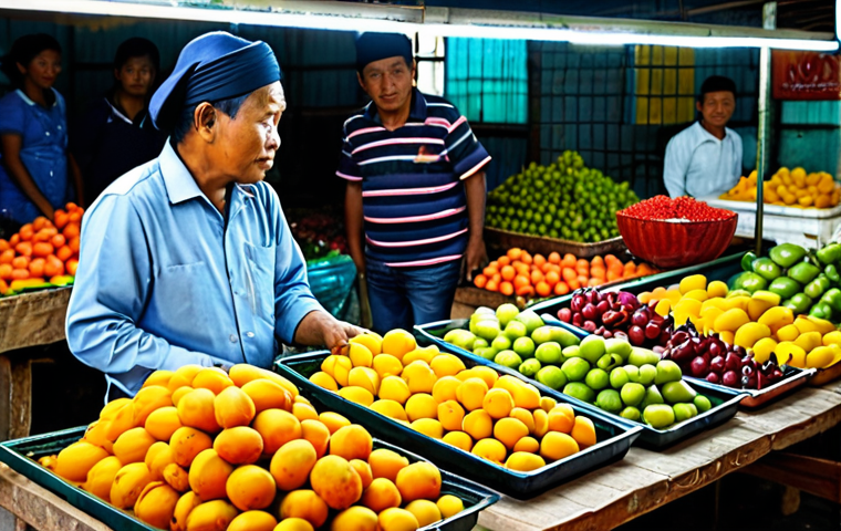 **

A variety of colorful 'jeruk' (pickled fruits and vegetables) displayed in glass jars on a wooden table at a Malaysian market. Mangoes, papayas, and other local produce are visible. Focus on vibrant colors and textures. Fully clothed vendors are in the background, attending to customers. Safe for work, appropriate content, fully clothed, professional food photography, natural lighting, perfect anatomy (if people are visible), correct proportions, modest background.

**