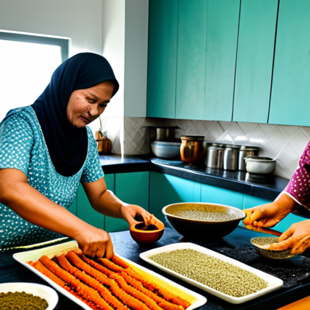 **
"A multi-generational Malay family, fully clothed in traditional *baju kurung* and *baju melayu*, working together in a bright, clean kitchen. They are preparing *ikan bilis* (anchovies) and durian for *budu* and *tempoyak* making. Some are washing ingredients, others are grinding spices with a mortar and pestle. Jars and containers are neatly arranged. Family-friendly, safe for work, appropriate content, professional, modest, perfect anatomy, correct proportions, natural pose, well-formed hands, proper finger count, natural body proportions, high quality, professional photography."
**