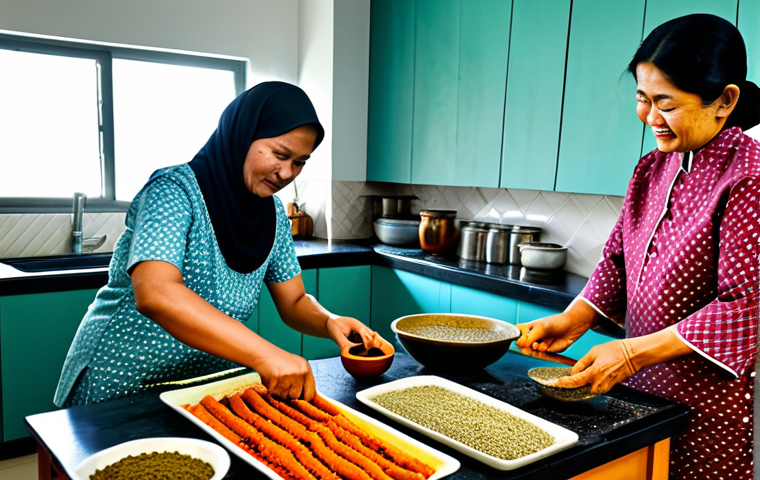**
"A multi-generational Malay family, fully clothed in traditional *baju kurung* and *baju melayu*, working together in a bright, clean kitchen. They are preparing *ikan bilis* (anchovies) and durian for *budu* and *tempoyak* making. Some are washing ingredients, others are grinding spices with a mortar and pestle. Jars and containers are neatly arranged. Family-friendly, safe for work, appropriate content, professional, modest, perfect anatomy, correct proportions, natural pose, well-formed hands, proper finger count, natural body proportions, high quality, professional photography."
**