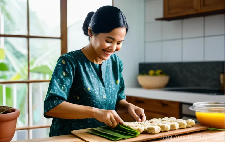 전통 장류 자가 제조를 위한 예산 짜기 - A cheerful Malaysian woman in her cozy, clean kitchen, wearing a simple Baju Kurung, is diligently p...