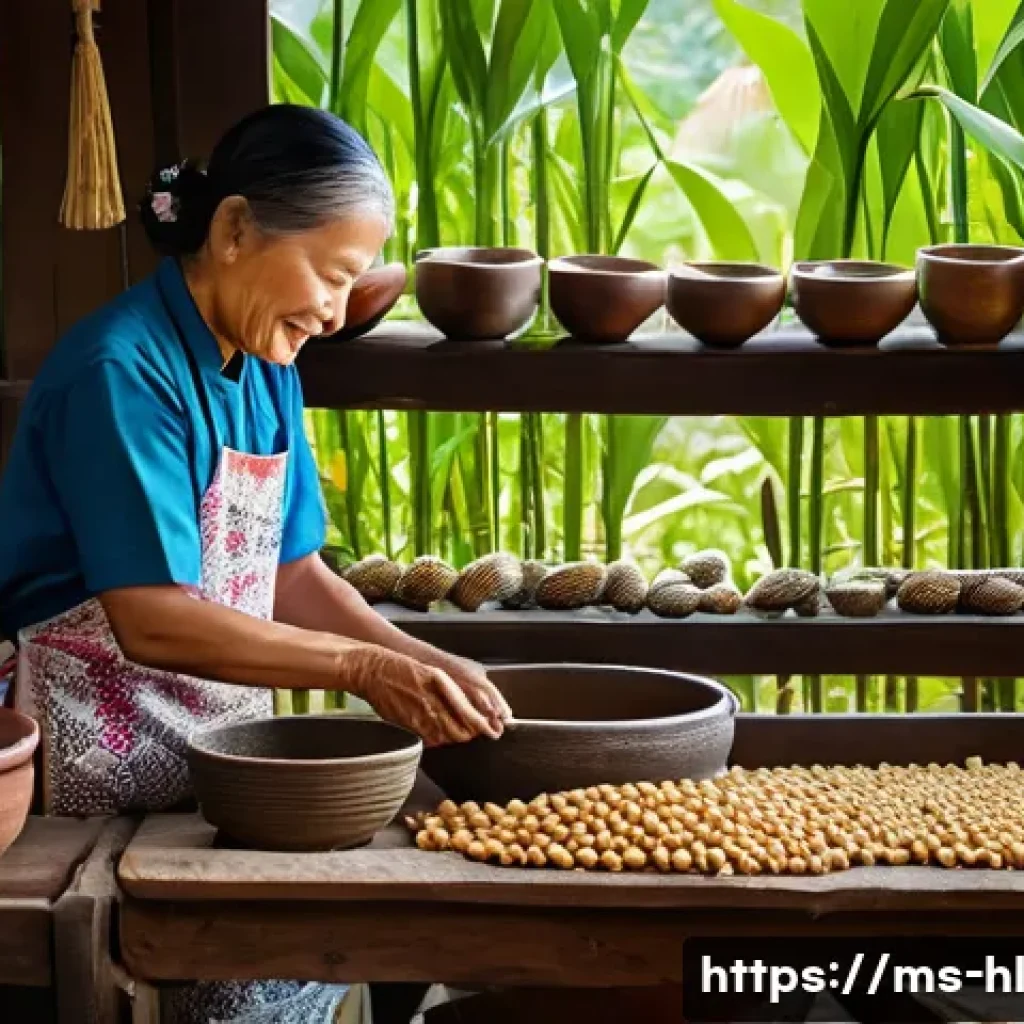 전통 장류 자가 제조를 위한 효율적인 시간 관리 - A traditional Malaysian kitchen scene showing the preparation of fermented soybean paste ingredients...