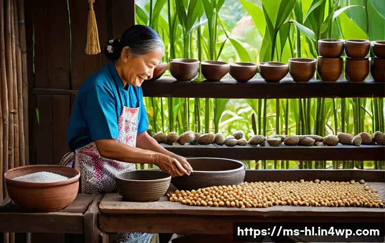 전통 장류 자가 제조를 위한 효율적인 시간 관리 - A traditional Malaysian kitchen scene showing the preparation of fermented soybean paste ingredients...