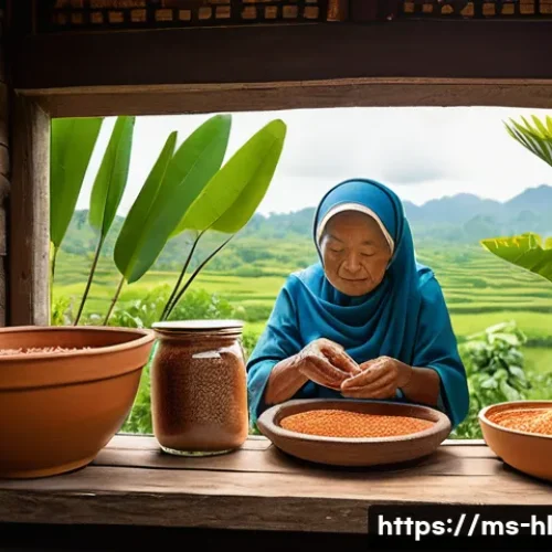 Home 33 전통 장류의 맛을 결정짓는 요소 - A traditional Malaysian village kitchen scene showcasing a rustic clay fermentation jar (tempayan) f...
