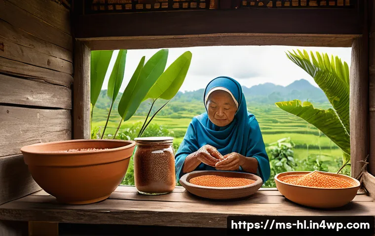 전통 장류의 맛을 결정짓는 요소 - A traditional Malaysian village kitchen scene showcasing a rustic clay fermentation jar (tempayan) f...