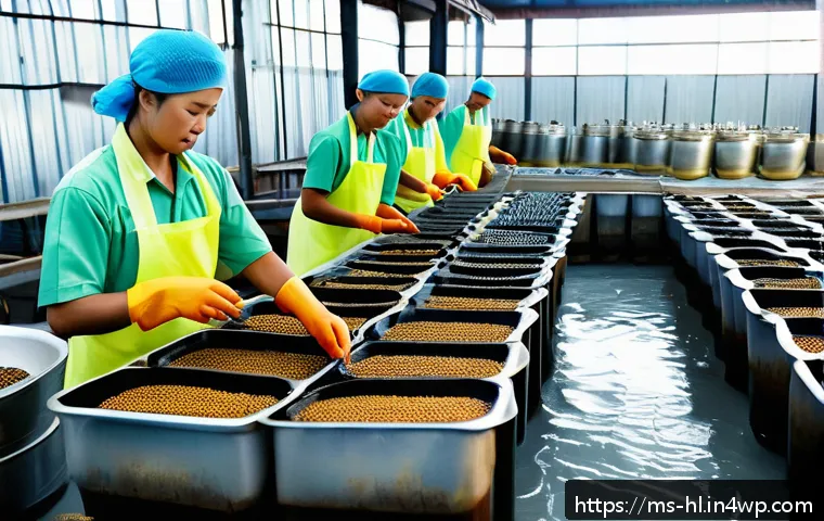 전통 장류의 식품 안전 기준 - A traditional Malaysian soy sauce (kicap) production scene inside a clean, well-ventilated small fac...