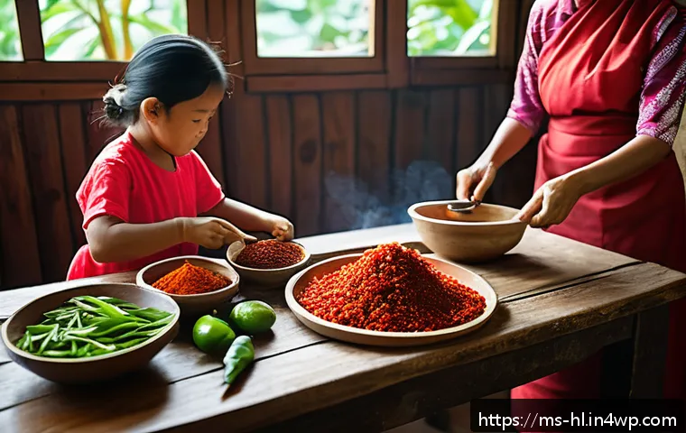 전통 장류 자가 제조와 가족의 역할 - A vibrant traditional Malaysian kitchen scene featuring a family preparing sambal chili paste togeth...