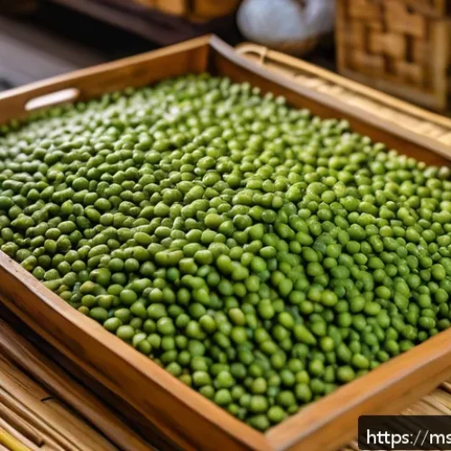 Home 17 간장 자가 제조 시 주재료 비율 - A close-up, high-resolution image of organic medium-sized soybeans spread on a traditional woven bam...