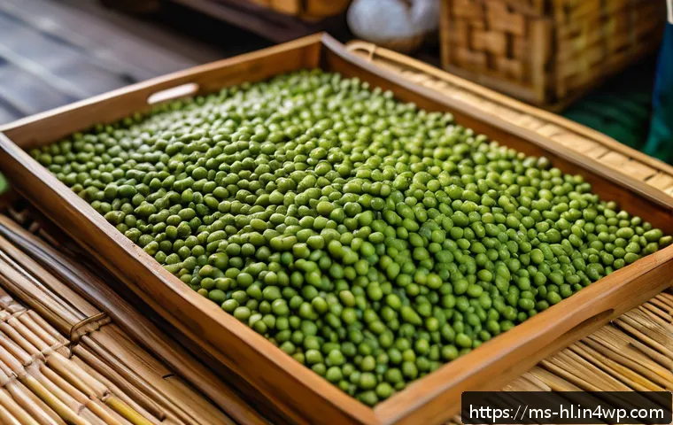 간장 자가 제조 시 주재료 비율 - A close-up, high-resolution image of organic medium-sized soybeans spread on a traditional woven bam...