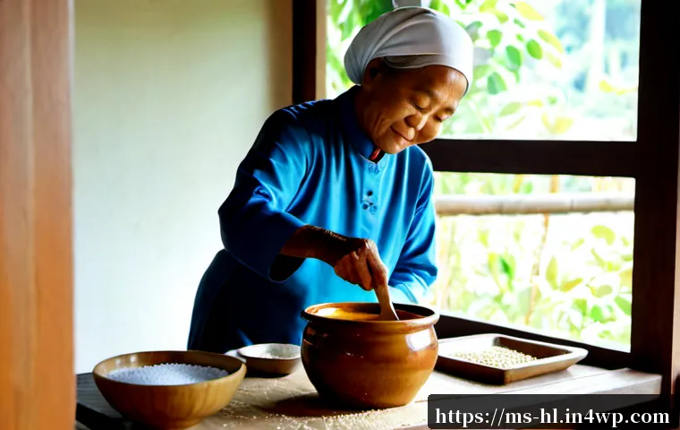 전통 장류 제조에 적합한 오법과 방법 - Photorealistic Malaysian home kitchen, elderly Malay woman in modest long-sleeved clothing carefully...