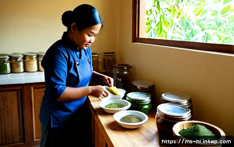 Home 17 전통 장류 자가 제조와 환경 친화적 접근 - Photorealistic Malaysian home kitchen scene, a Malay woman in modest casual clothing preparing tradi...