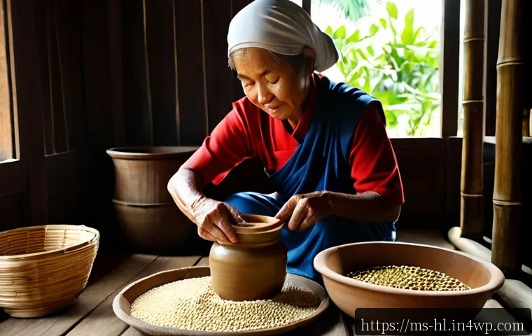 Home 17 전통 장류의 기원과 발전 - Photorealistic Malaysian heritage kitchen, an elderly Malay woman wearing modest traditional attire ...