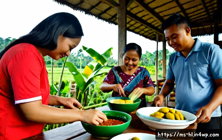 Home 17 전통 장류 자가 제조와 지역 사회의 연계 - Photorealistic Malaysian community workshop making traditional fermented condiments, three Malay adu...
